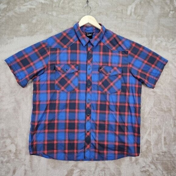 The North Face Pearl Snap Plaid Shirt Men's Size XL Blue Red Black Short Sleeve - Picture 1 of 10